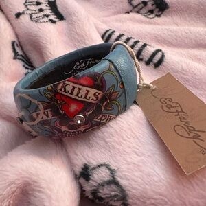 Rare Vintage Ed Hardy Teal Blue Leather Bracelet Cuff with Graphic Design